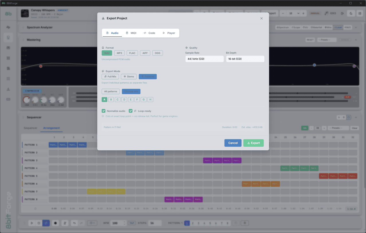 8BitForge Export — WAV, MP3, FLAC, AIFF, OGG formats with stems and patterns