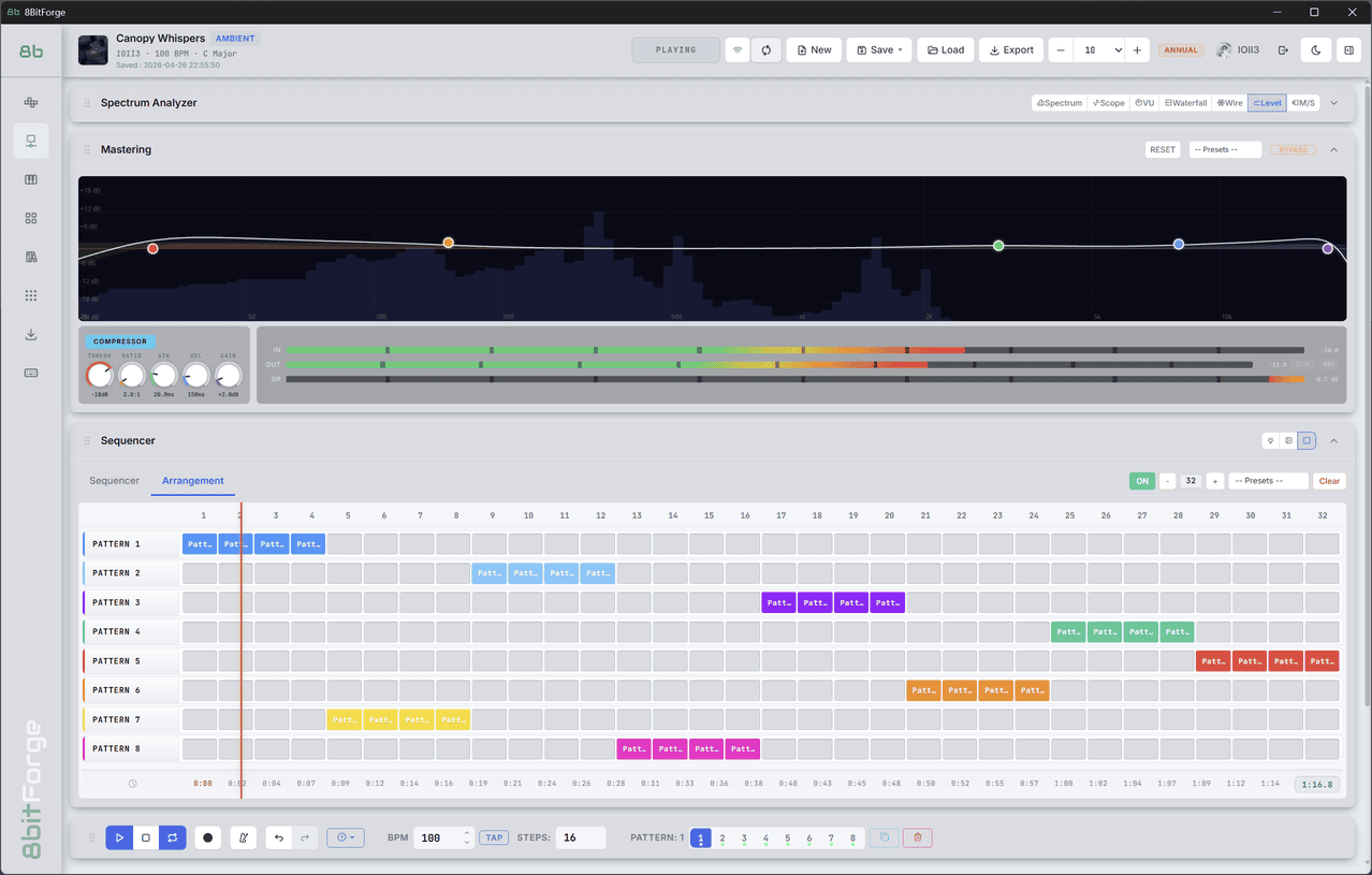 8BitForge Mastering — 5-band EQ, compression, and spectrum analyzer