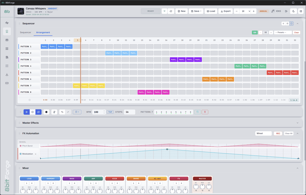 8BitForge Mixer — per-track faders, EQ, compression, and automation lanes