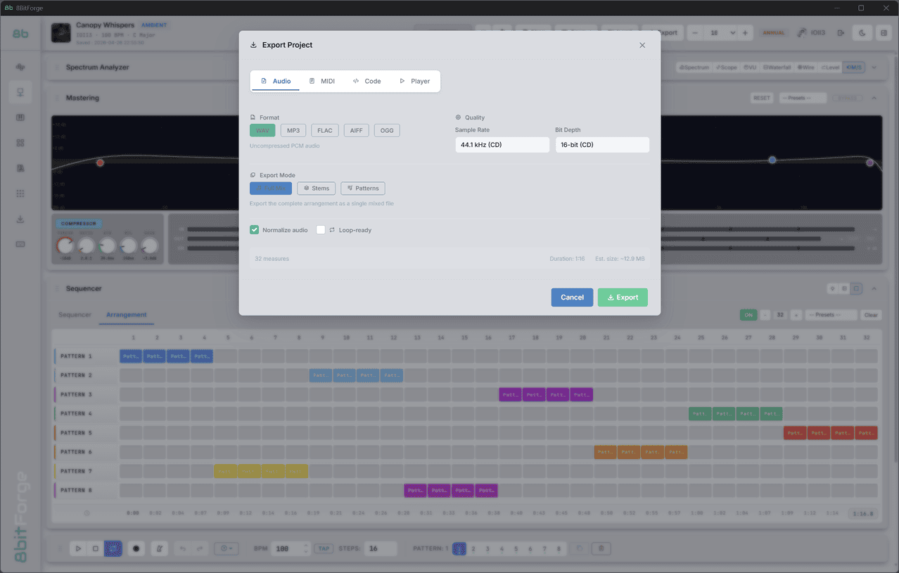 8BitForge Export — WAV, MP3, FLAC, AIFF, OGG, stems, and MIDI export