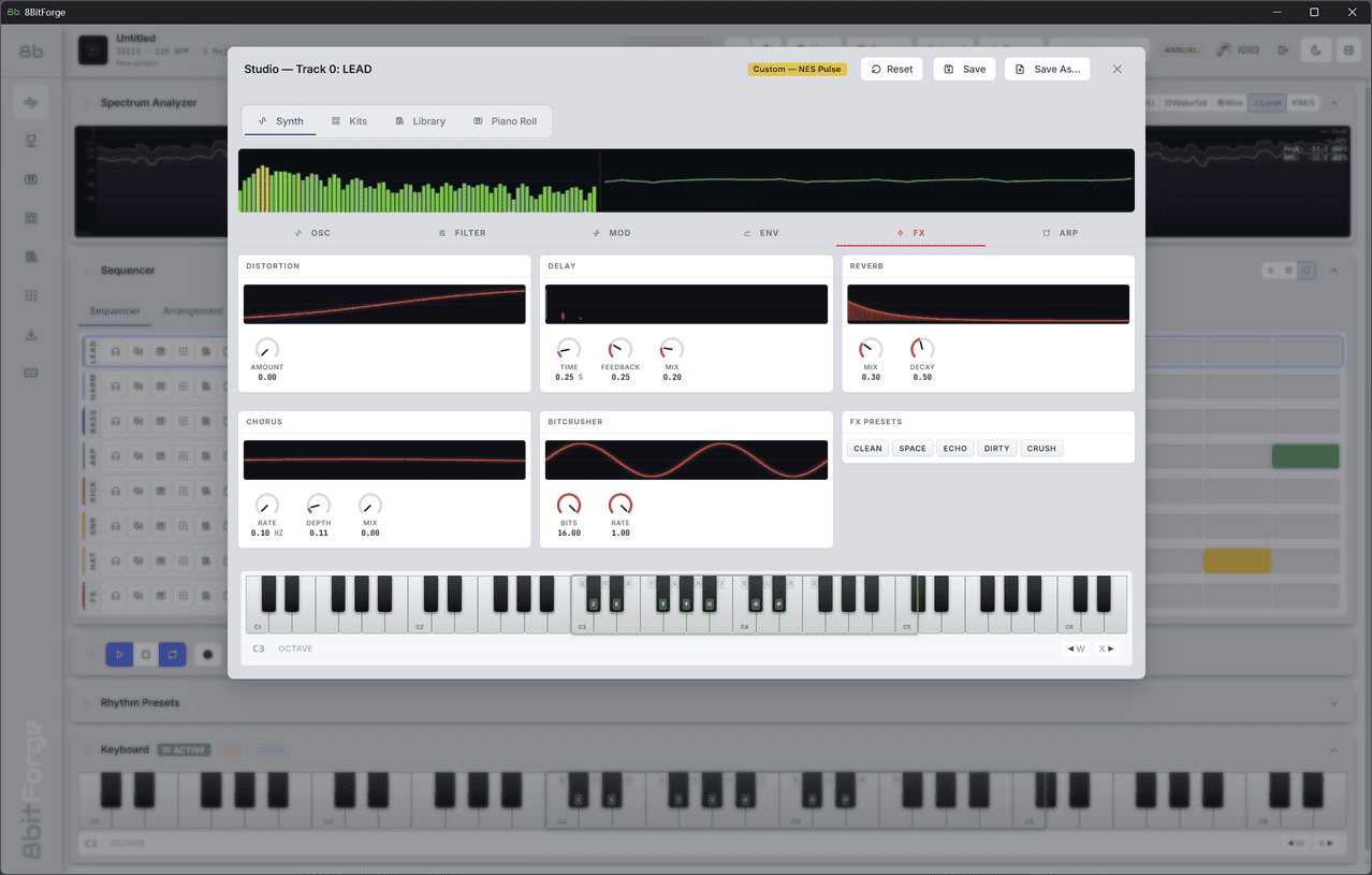 8BitForge Effects — distortion, chorus, delay, reverb, bitcrusher, and filters