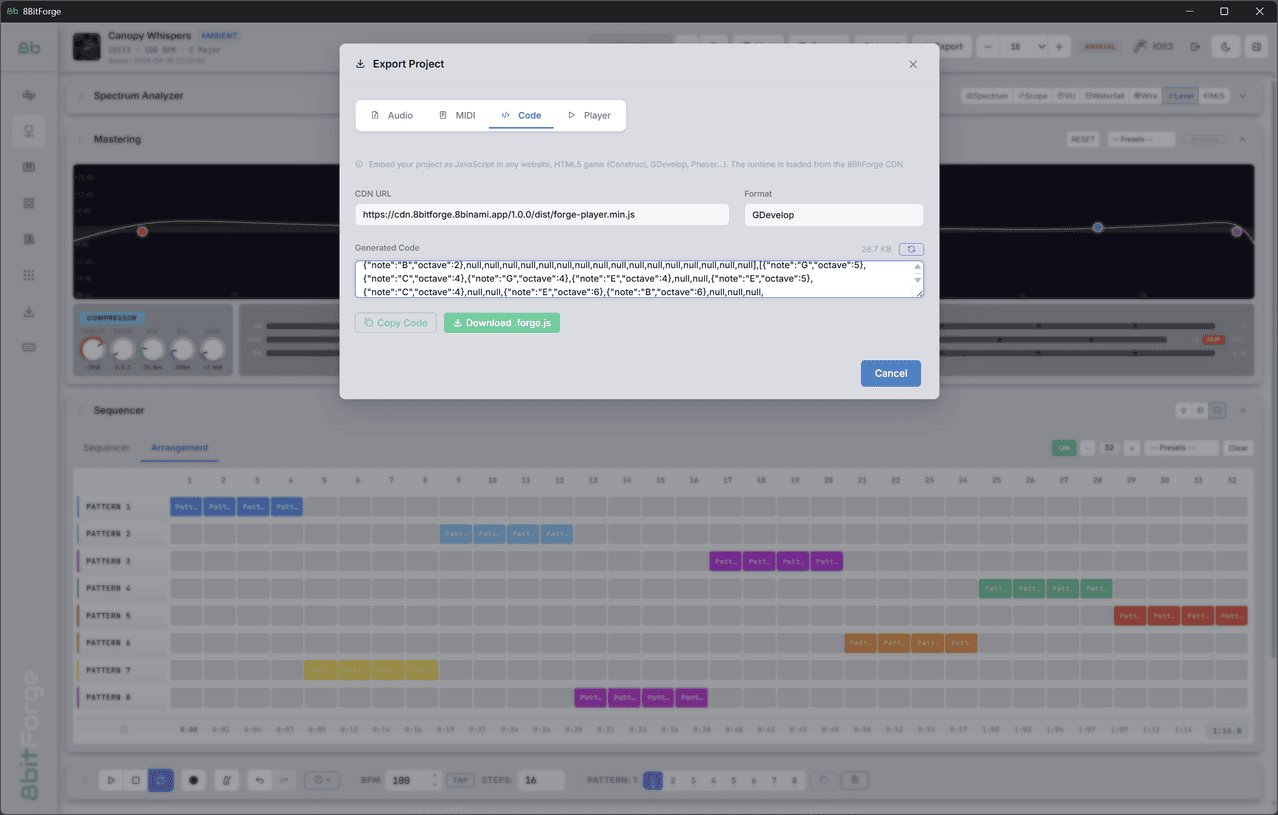 8BitForge Code Export — Construct 3, GDevelop, Phaser, Generic JS