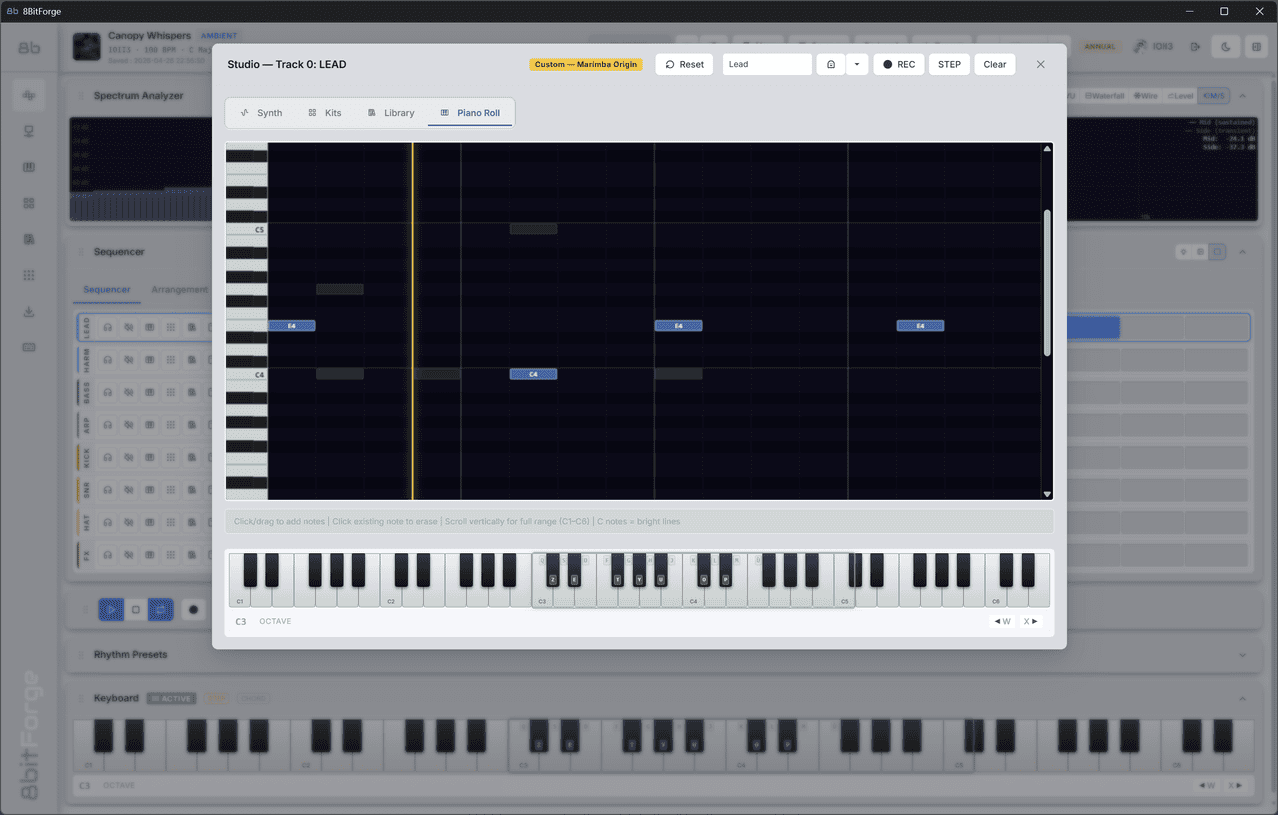 8BitForge Piano Roll — note editing with real-time playback