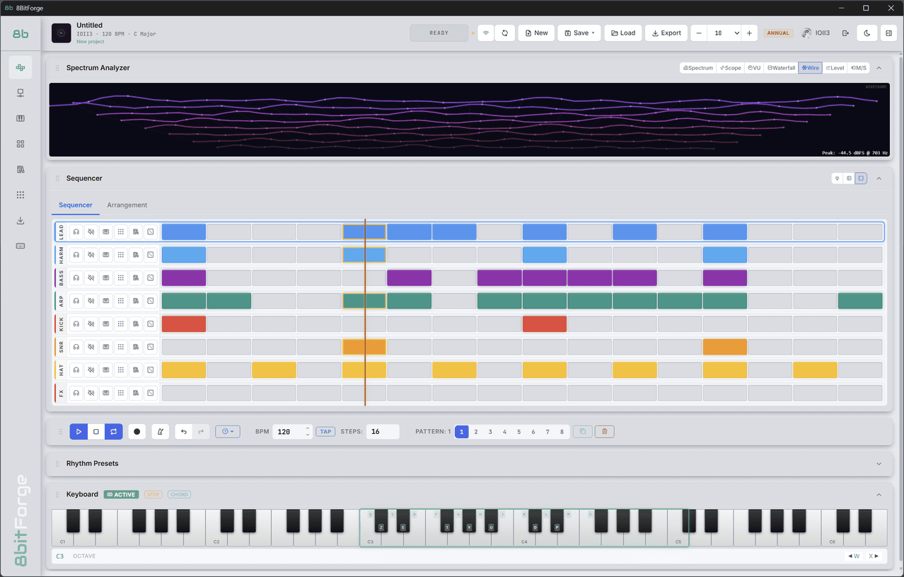 8BitForge Step Sequencer — 8 tracks with color-coded patterns on a 16-step grid