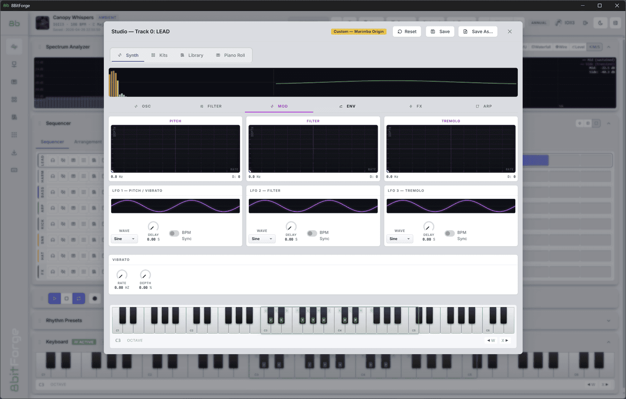 8BitForge Synthesizer — oscilloscope, waveforms, tuning, unison, and filter controls