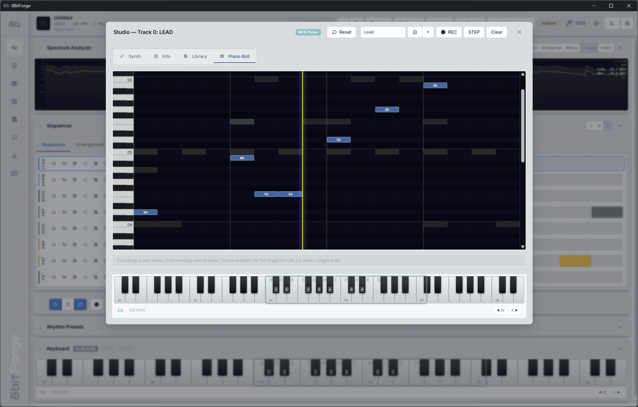 8BitForge Piano Roll — note-level editing on a 65-note canvas