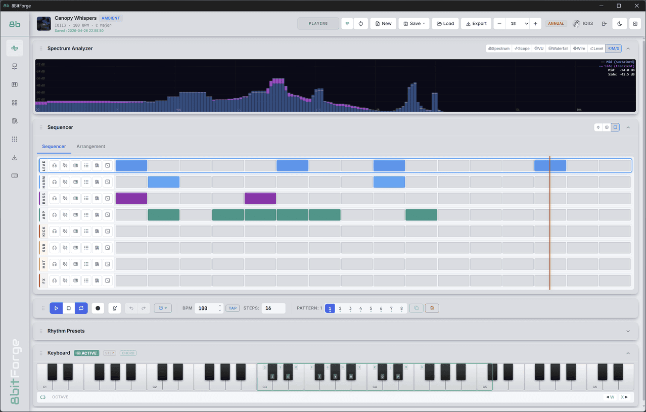 8BitForge Step Sequencer — 8 tracks, patterns, and real-time spectrum analyzer