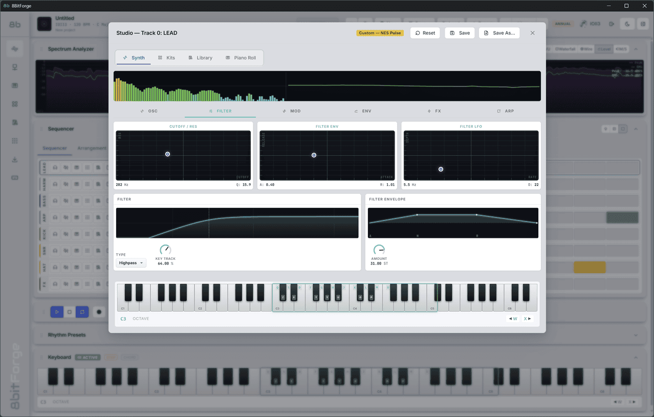 8BitForge Synthesizer — oscillators, waveforms, filters, and ADSR envelopes