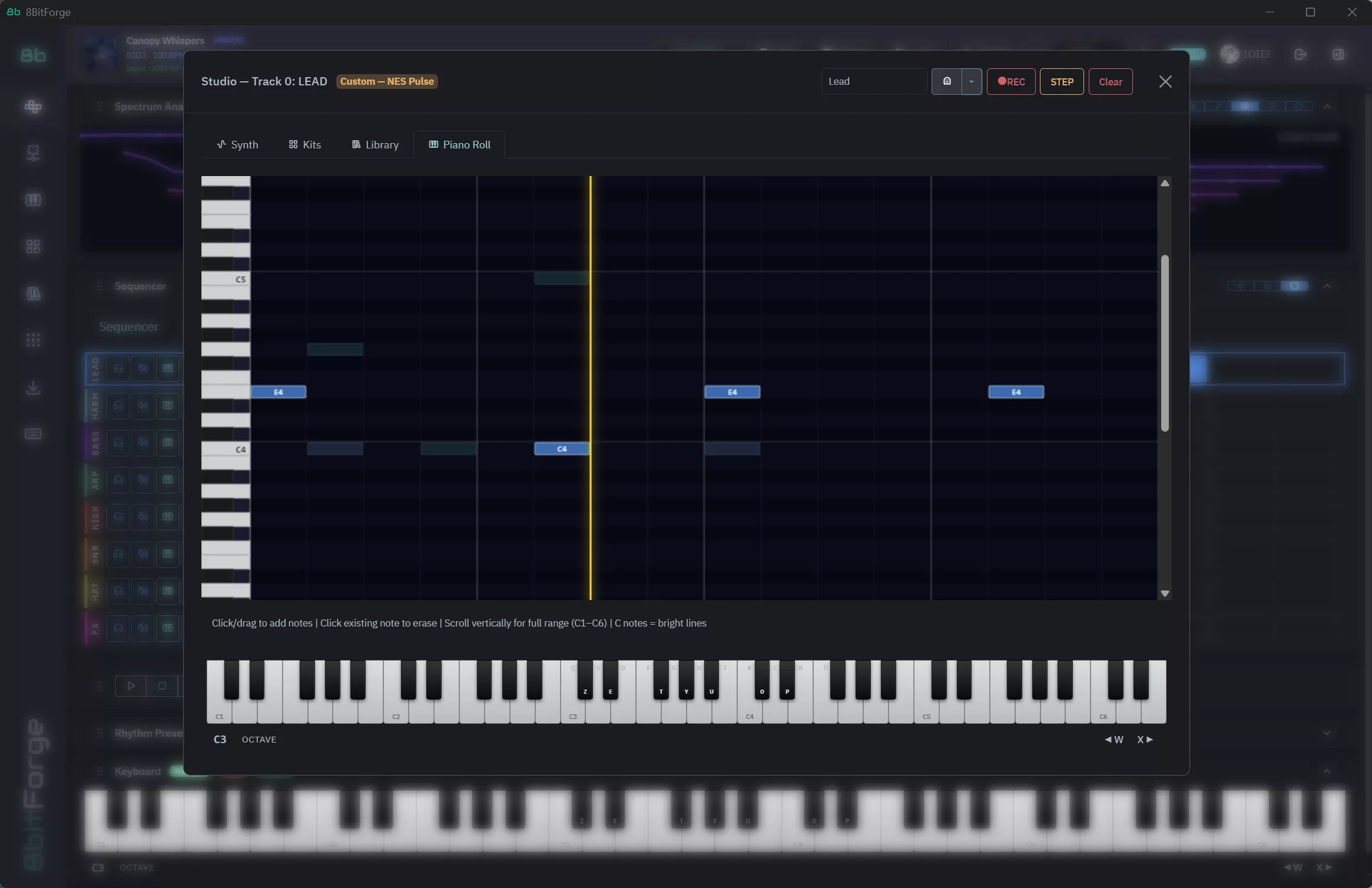 8BitForge Piano Roll — note editing with real-time playback